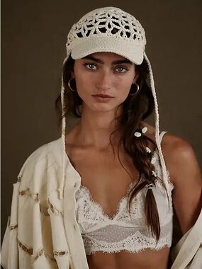 FREE PEOPLE Silvie Crochet Baseball Hat Ivory Boho Visor Cap OS New Cream